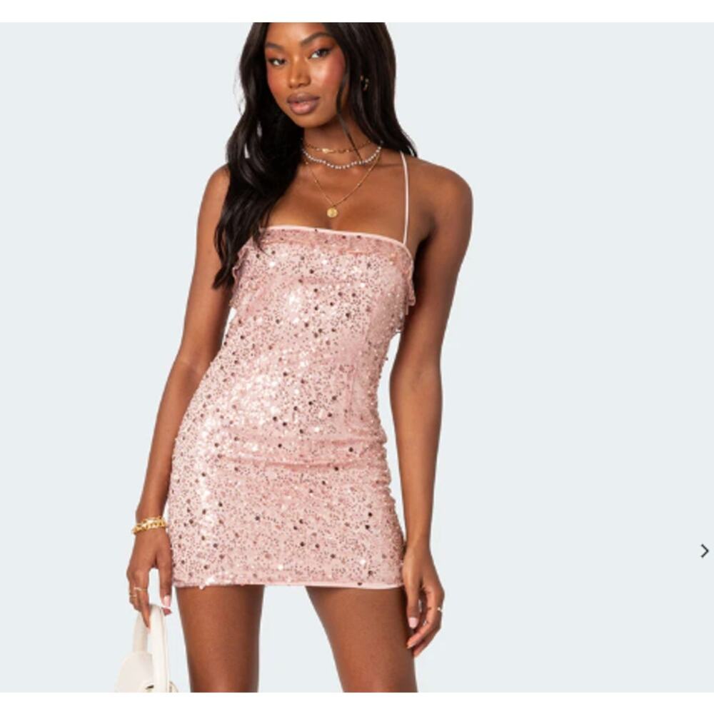 Edikted Pink Sequin Mini Dress Open Back Lace Up Ruffle Trim Womens M NEW